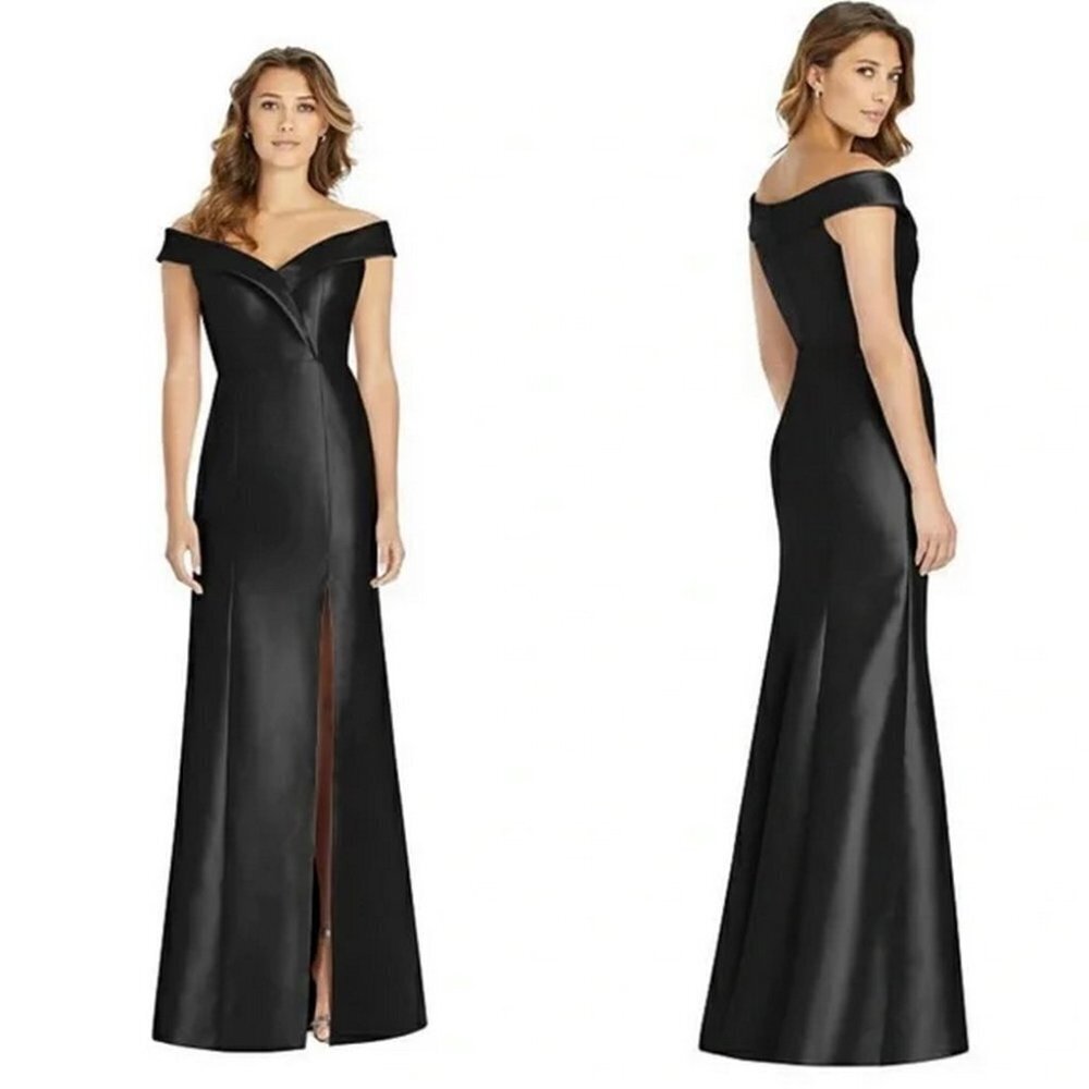 Alfred Sung Black Off-the-Shoulder Short-Sleeve Gown with Slit